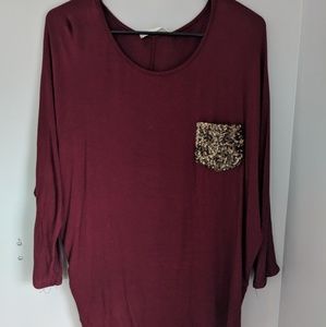 3/4 Sleeve Burgundy Top with Gold Sequin Pocket